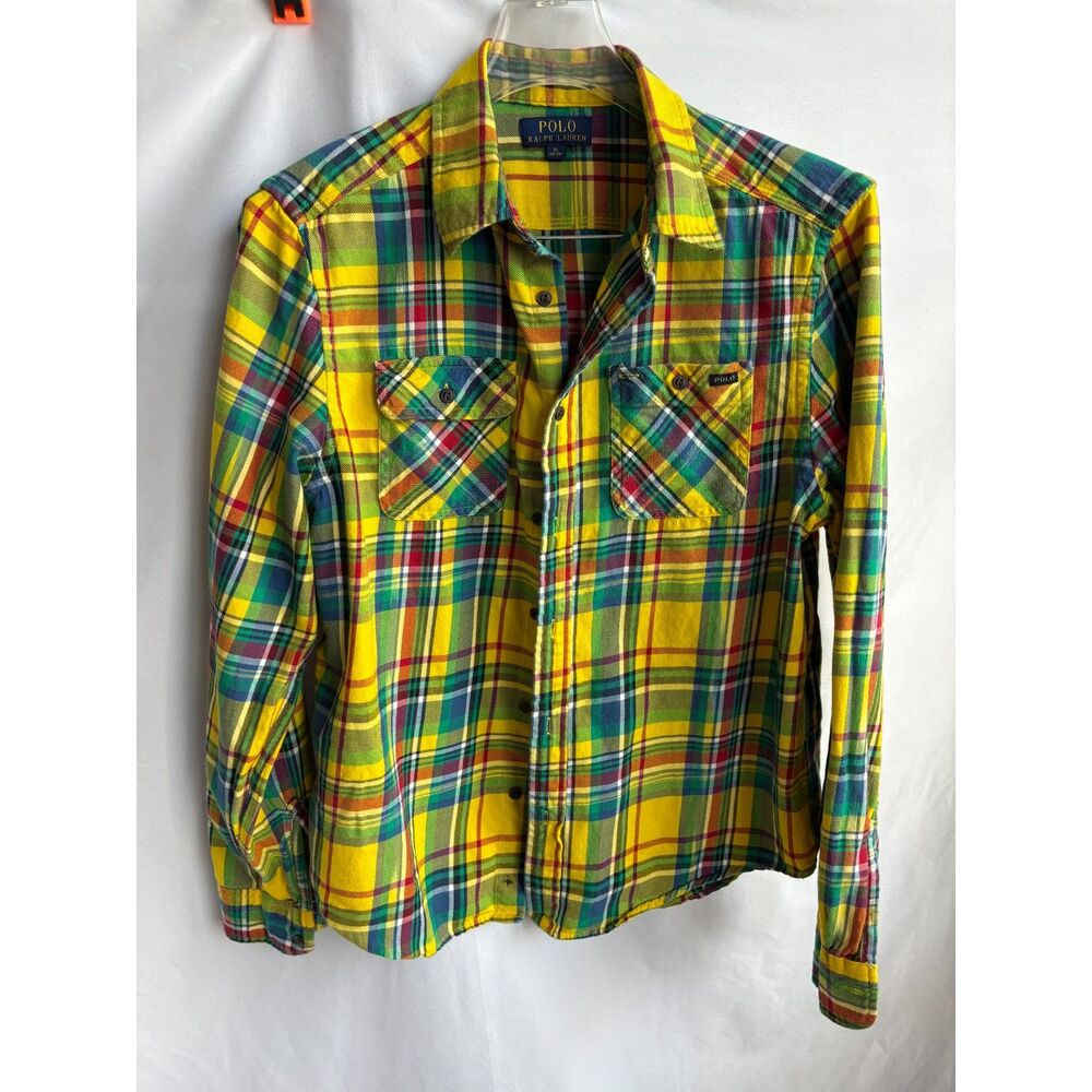 Polo Ralph Lauren Plaid Flannel Shirt Long Sleeve Button Down Yellow Green XL